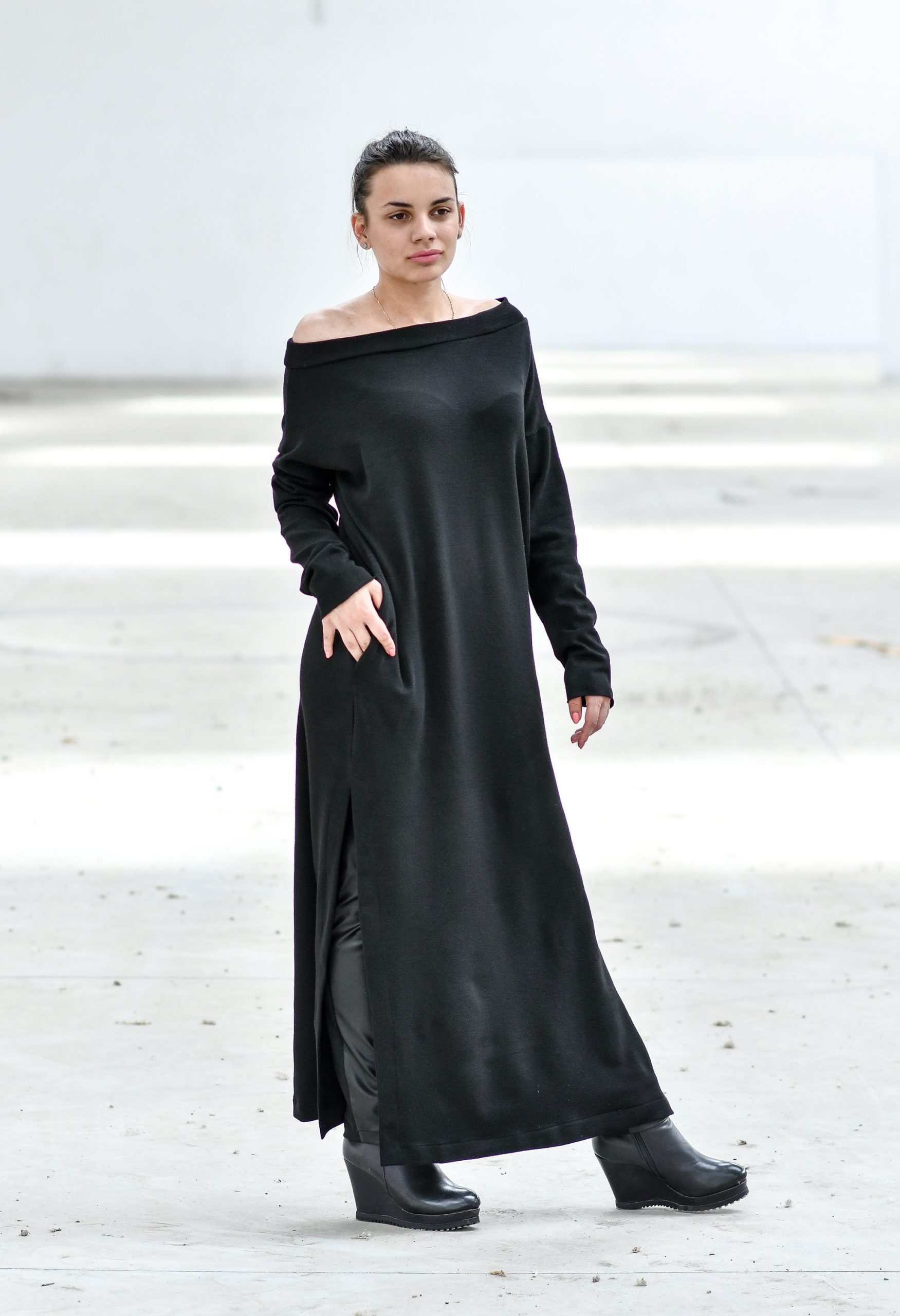 black wool maxi dress