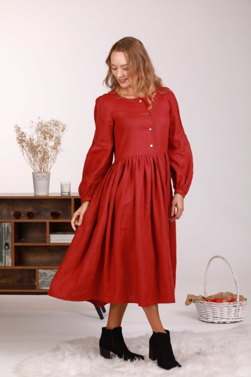 Linen Red Dress, Linen Lounge Dress, Plus Size Linen Dress, Button Dress, Linen Clothing, Maternity Dress, Linen Shirt Dress, Bishop Sleeve
