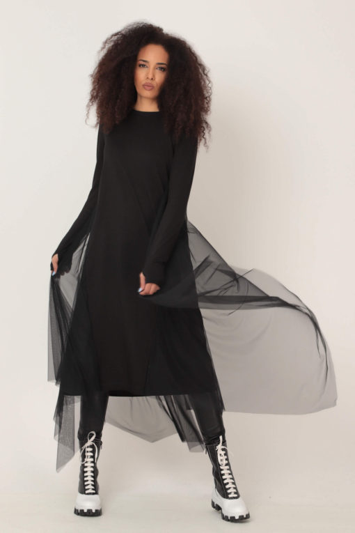 NEW Jersey Tulle Dress, Black Jersey Dress, Plus Size Midi Dress, Black Tulle Dress, Plus Size Clothing, Gothic Tulle Dress, Alternative