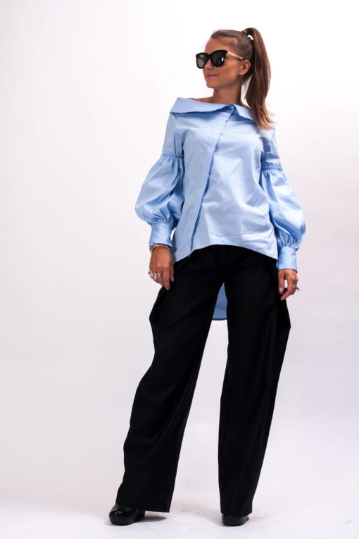 Avant garde collared shirt women, Asymmetrical shirt women, Blue long sleeve blouse women, Womens cotton top