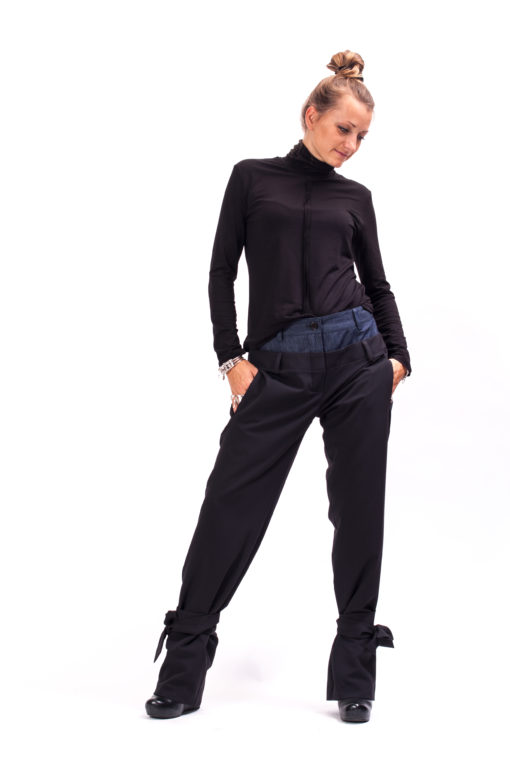 Casual pants women of two materials, mid waisted extravagant pants women avant garde clothing, Womens trousers of two materials