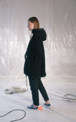 mid length smart casual jacket, wide back style hoodie, contemporary cut jacket with a zipper, black cotton hoodie, women’s sport jacket, oversize hoodie