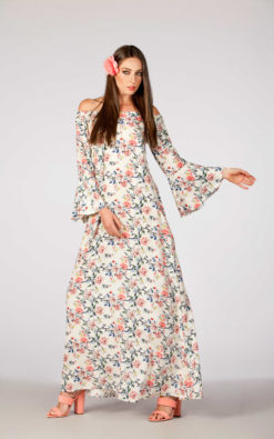 Charming Boho Floral Summer Maxi Dress for Women & Girls, Easter Flowers Off Shoulders Loose Maternity dress with Bell-Sleeves and Pockets