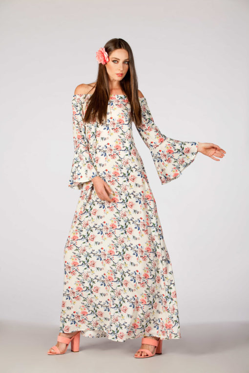 Charming Boho Floral Summer Maxi Dress for Women & Girls, Easter Flowers Off Shoulders Loose Maternity dress with Bell-Sleeves and Pockets