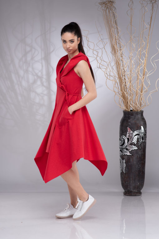 Wrap Linen Dress Women, Linen Hooded Dress Sleeveless, Asymmetrical Linen Dress, Elven Dress, Summer Red Dress