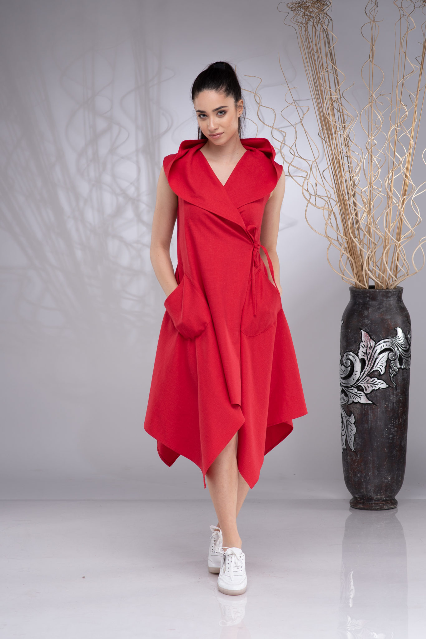 Asymmetric Wrap Dress with knot fastening