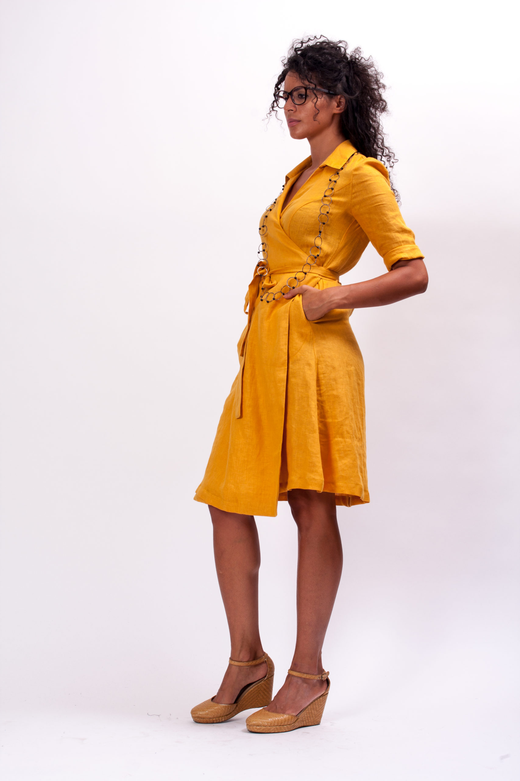 Mustard Linen Wrap Dress - ALLSEAMS
