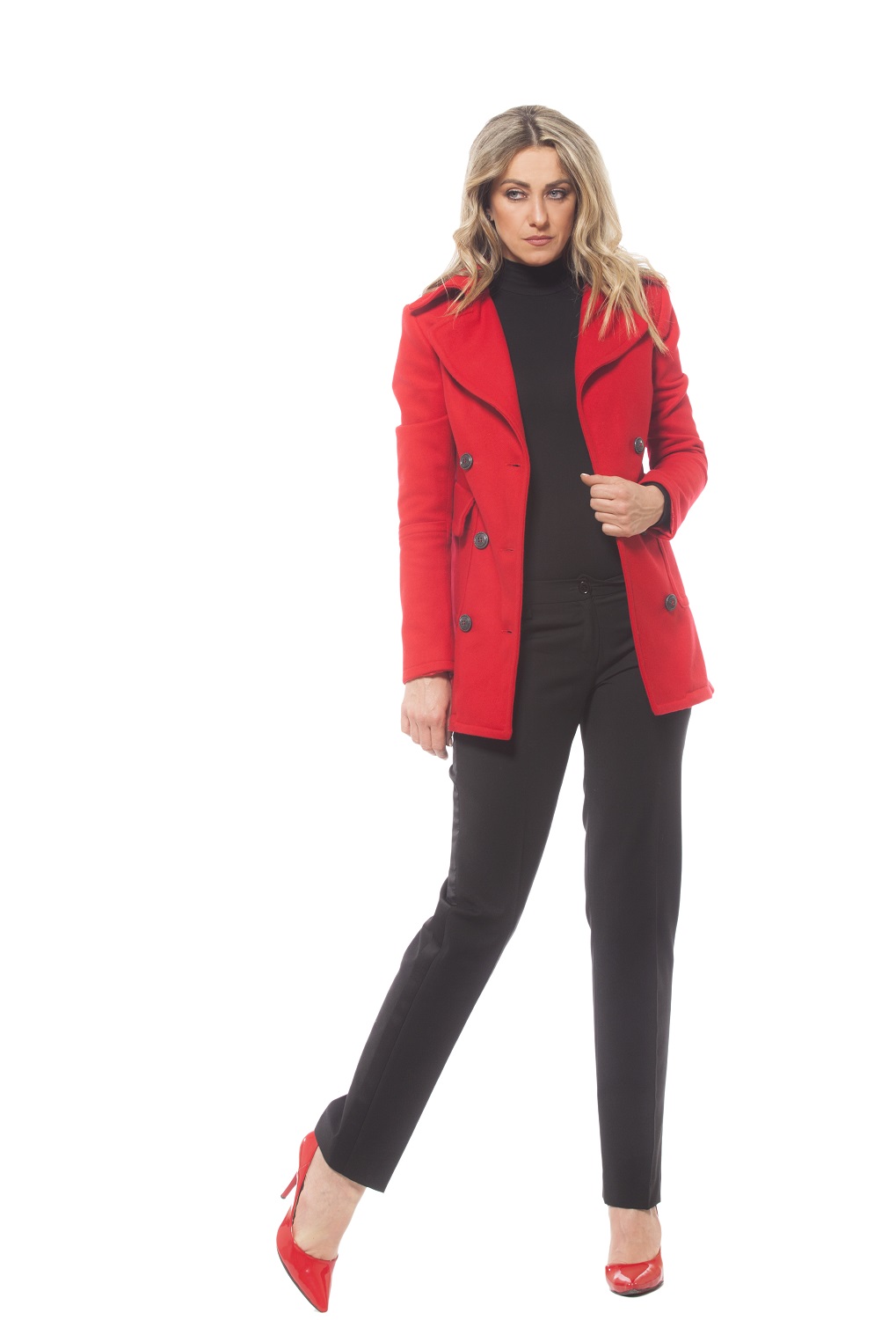 Double-Breasted Short Red Button Coat - ALLSEAMS