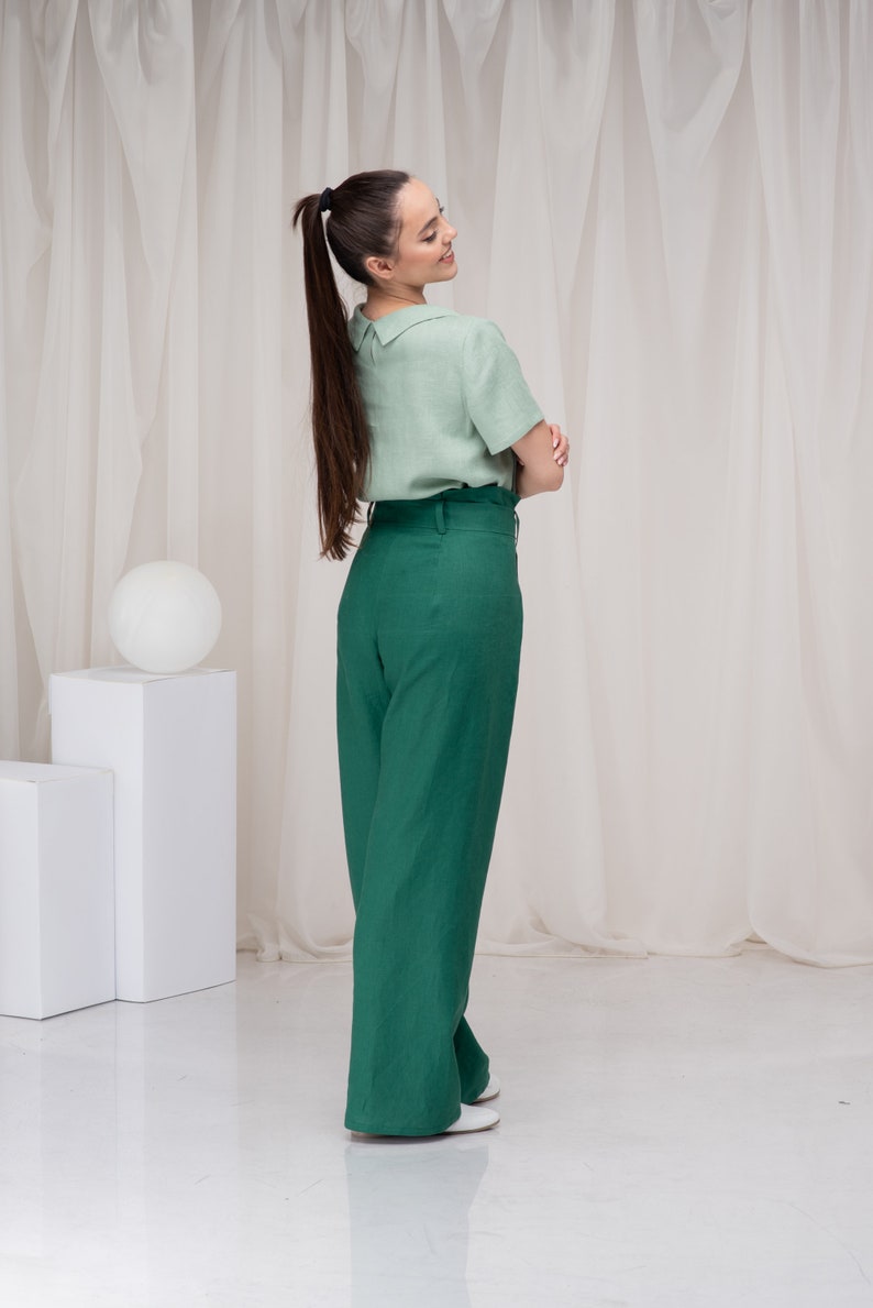 Women's Green High-Waisted Linen Wide-Leg Palazzo Pants with Belt