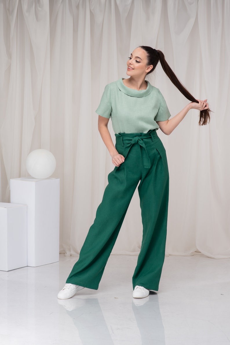 Women's Green High-Waisted Linen Wide-Leg Palazzo Pants with Belt for  Summer Elegance