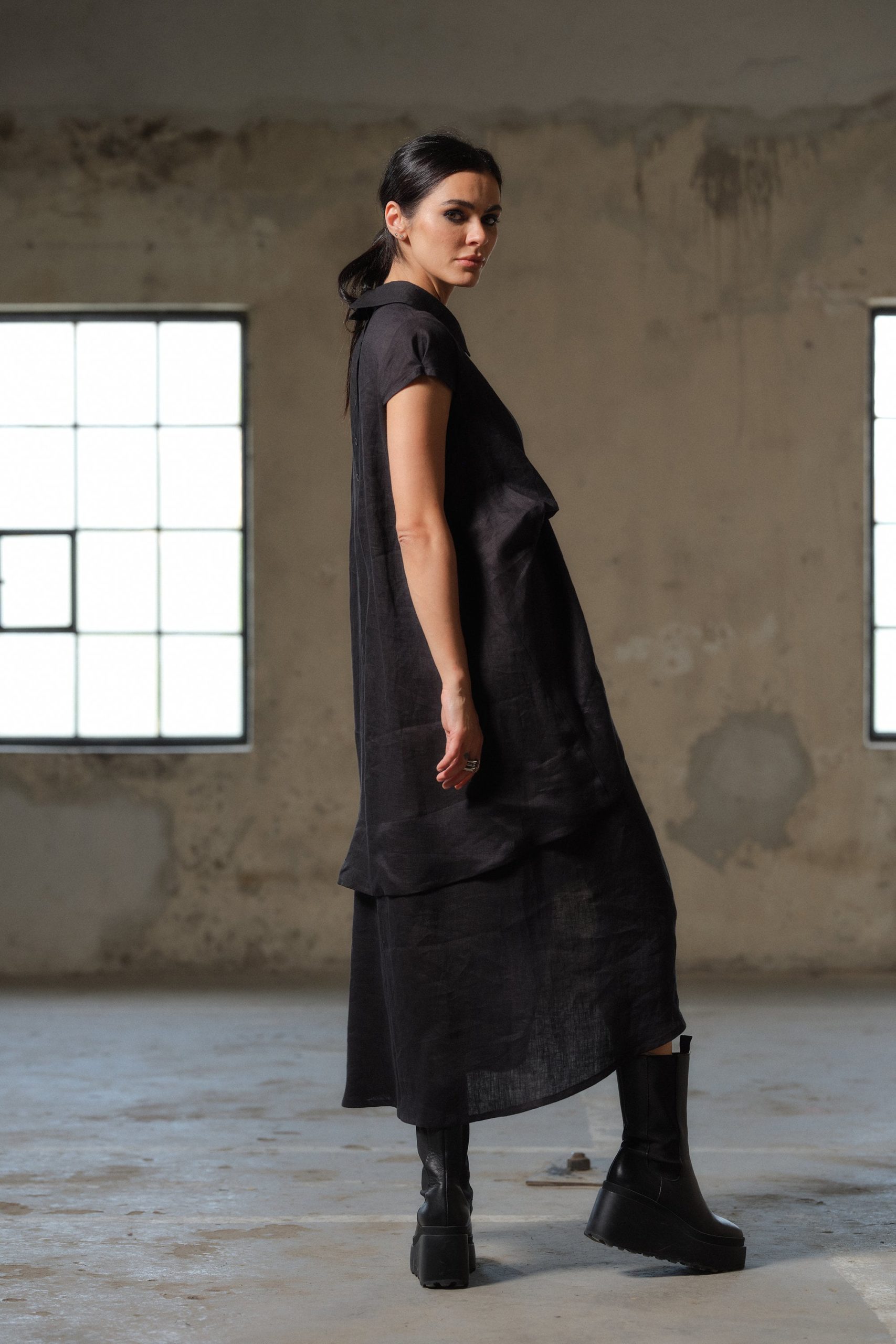 Asymmetrical Black Linen Midi Dress
