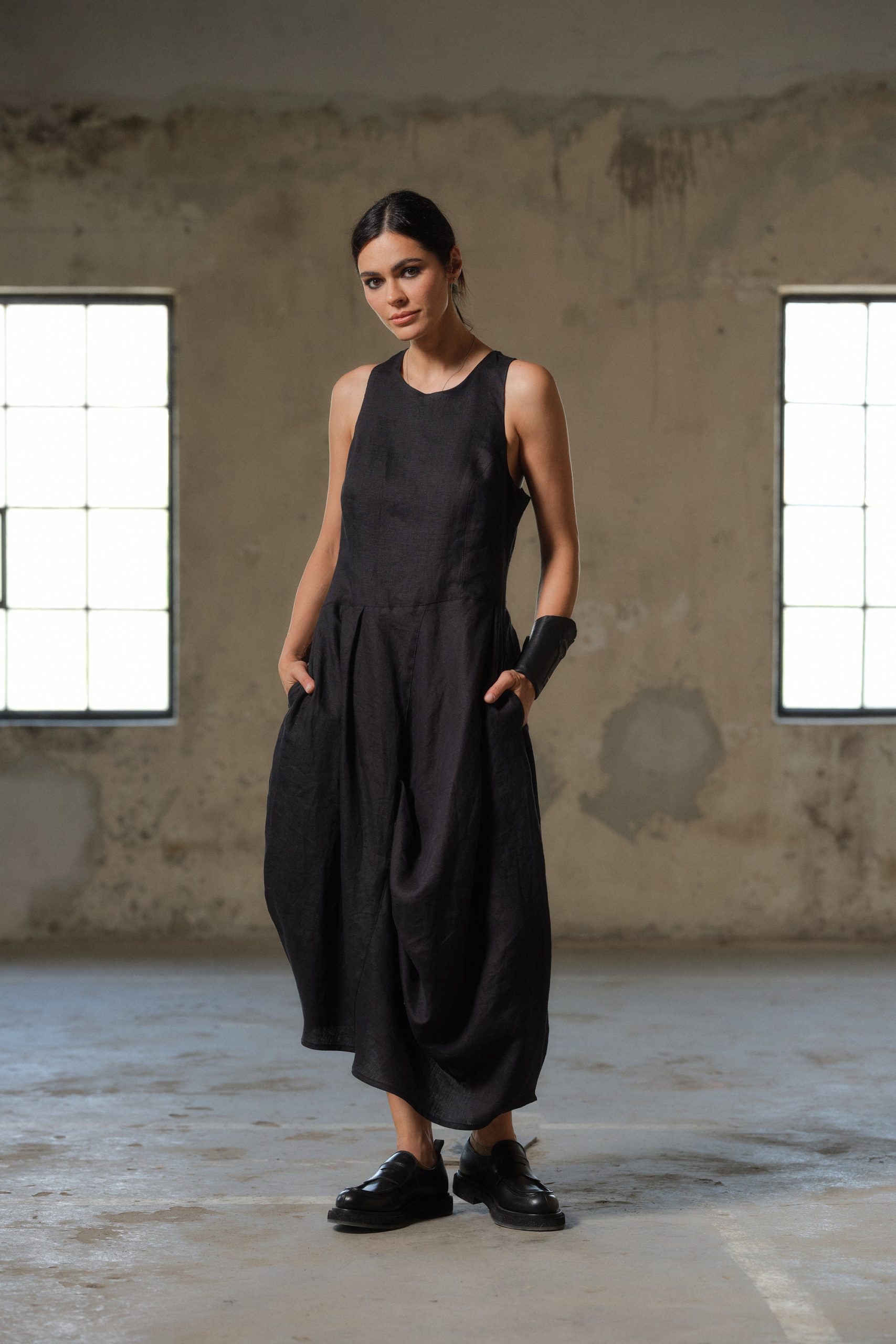 Avant Garde Black Asymmetrical Linen Dress for Women, Plus Size Boho ...