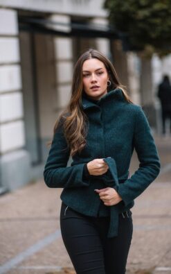 "Plus Size Elegant Grey Wool Winter Coat - Warm, Single Breasted, Belted Mini Outwear with Turtle...