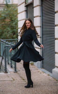 "Jcrew Elegant Plus Size Black Wool Coat: Single Breasted, Hooded Midi Winter Outwear, Romantic B...