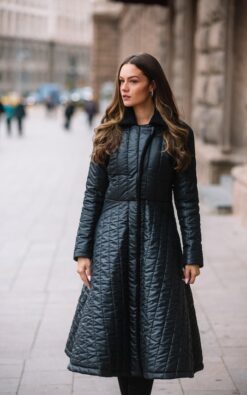 "Winter Woman's Maxi Hooded Puffer Coat in Black - Casual Quilted Jacket with Lapel Collar for Wa...