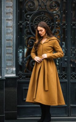 "Elegant Tan Fit & Flare Wool-Blend Coat - Women's Winter Camel Swing Jacket with Hood & Pockets ...