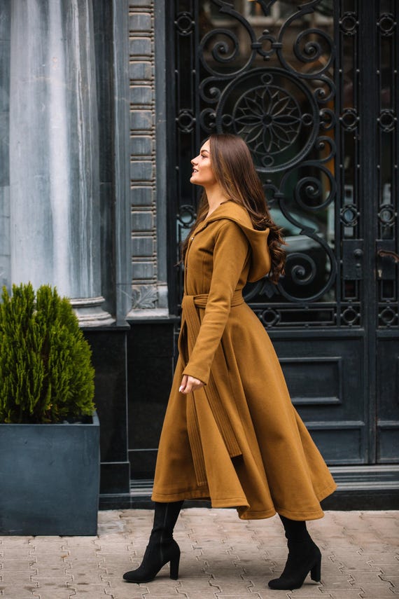 Elegant Tan Fit Flare Wool-Blend Coat Women's Winter Ca