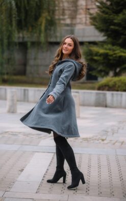 "Elegant Plus Size Grey Hooded Midi Winter Wool Coat - Single Breasted, Romantic Christmas Outwea...