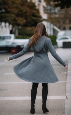 "Elegant Plus Size Grey Hooded Midi Winter Wool Coat - Single Breasted, Romantic Christmas Outwea...