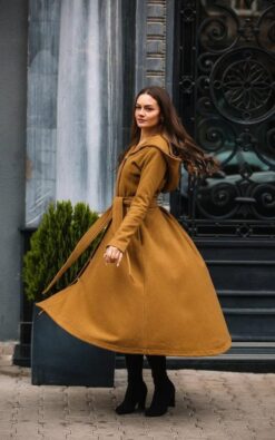 "Elegant Tan Fit & Flare Wool-Blend Coat - Women's Winter Camel Swing Jacket with Hood & Pockets ...