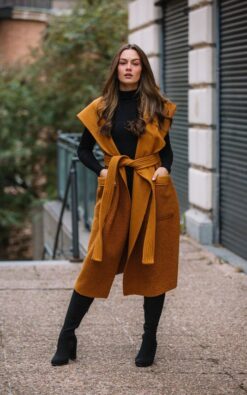 "Plus Size Wool Blend Sweater Vest - Mustard Winter Hooded Vest with Big Pockets - Eco-Friendly S...